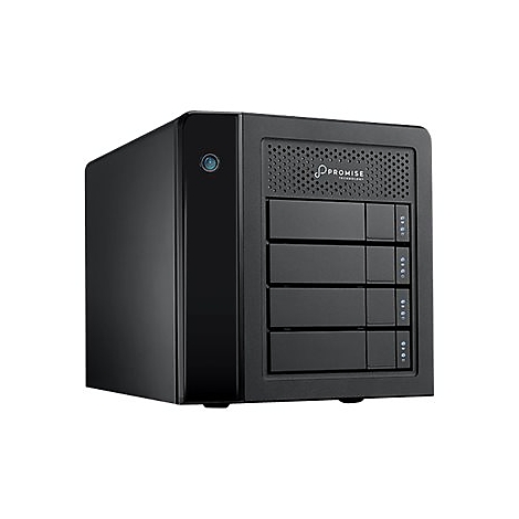 Boîtier de disque dur externe noir avec quatre baies et logo Promise.