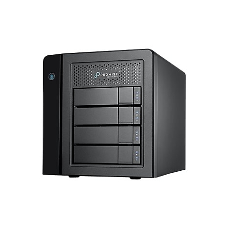Système de stockage noir avec quatre baies. Sur le devant, le logo Promise Technology et des indicateurs d'alimentation bleus.