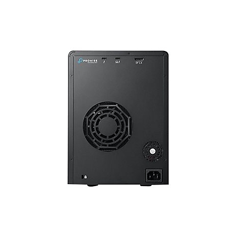 Schwarze Festplatteneinheit mit Lüfter, Anschlüssen und Netzkabelanschluss.