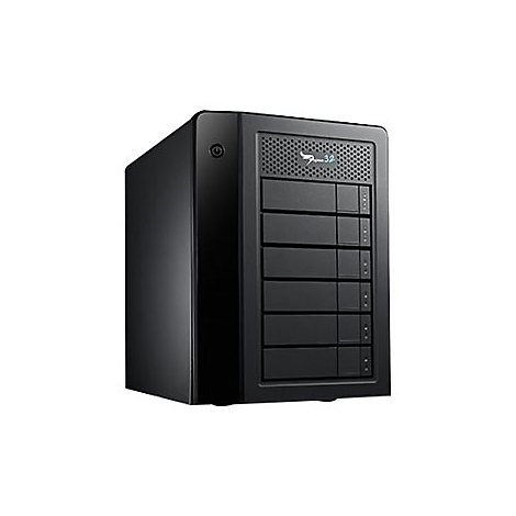 Schwarzes externes Festplattengehäuse mit mehreren Einschüben. Oben Logo mit Schriftzug "Promise".