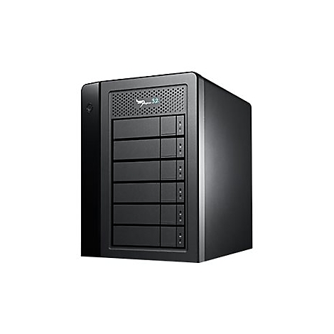 Schwarzes externes Festplattengehäuse mit sechs Einschüben. Oben Logo mit Schriftzug "Thunder 3.2".