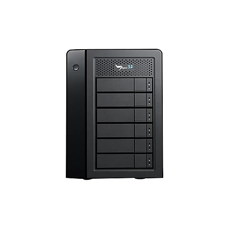 Schwarzes externes Speichergerät mit 6 Einschüben. Logo und Modellbezeichnung sind oben sichtbar.