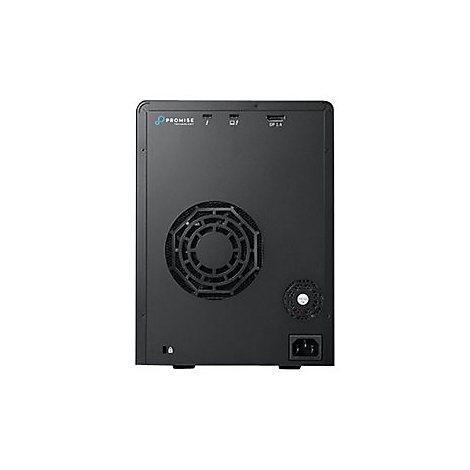 Schwarze Festplatteneinheit mit Lüfter, Anschlüssen und Netzkabelanschluss. Aufschrift: PROMISE TECHNOLOGY.