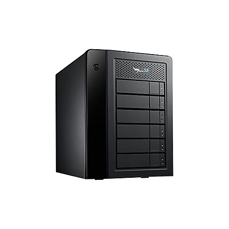 Schwarzes externes Festplattengehäuse mit mehreren Einschüben. Oben Logo mit Schriftzug "Promise 32".