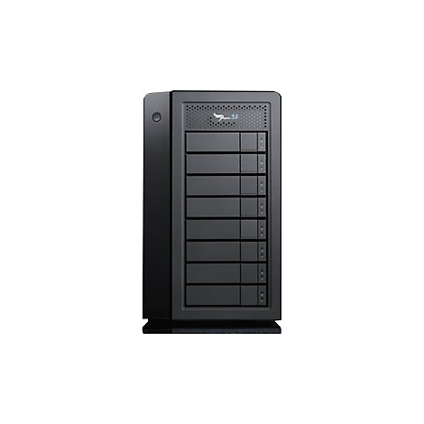 Schwarzes externes Festplattengehäuse mit acht Einschüben. Oben Logo mit Schriftzug.