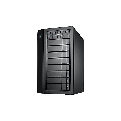 Schwarzes Speichergerät mit acht Einschüben. Oben: PROMISE-Logo. Blaue LED links.