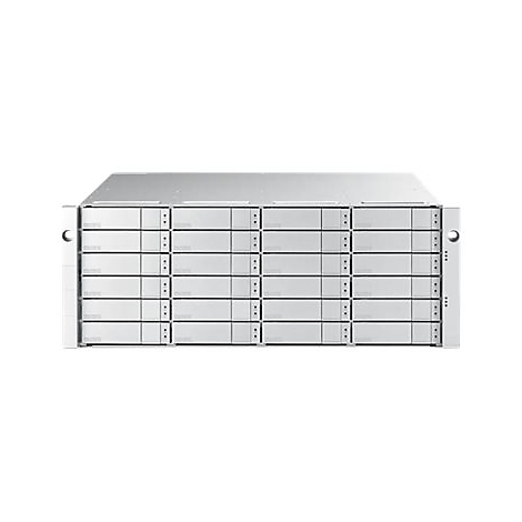 Ein silberner Server-Rack mit mehreren Schubladen, der auf weißem Hintergrund steht.