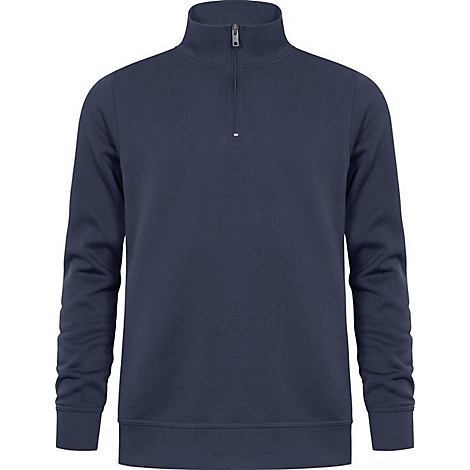 Donkerblauwe sweatshirt met een opstaande kraag en rits.