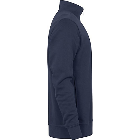 Donkerblauwe sweatshirt met opstaande kraag en ritssluiting.
