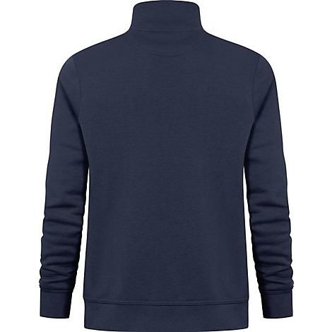 Donkerblauwe sweatshirt met een opstaande kraag. Het materiaal is glad en de snit recht.