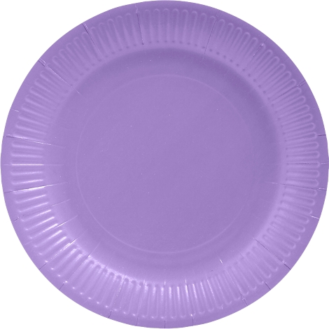 Assiette en papier lilas clair avec un bord strié.