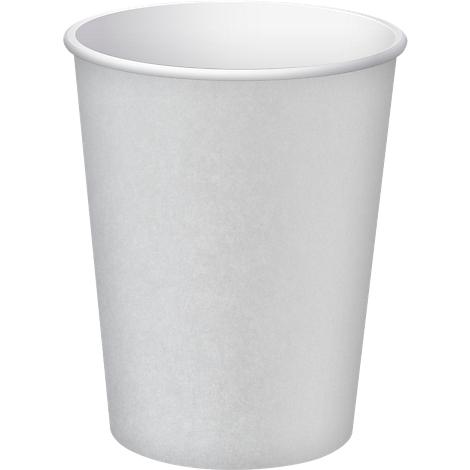 Gobelet en papier blanc, vide. Le gobelet a une forme légèrement conique.