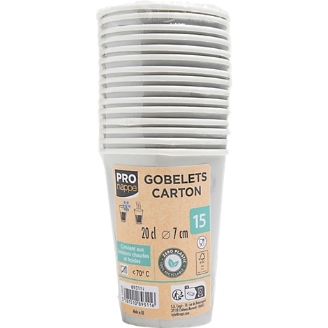 Pile de gobelets en carton avec étiquette. Impression : "GOBELETS CARTON, 15 pièces, 20 cl, 7 cm".