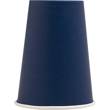 Un gobelet en papier bleu avec un bord blanc. Le gobelet est légèrement conique du bas vers le haut.