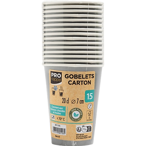 Un paquet de gobelets en carton. La partie supérieure avec des gobelets blancs, la partie inférieure grise avec des informations sur le produit.