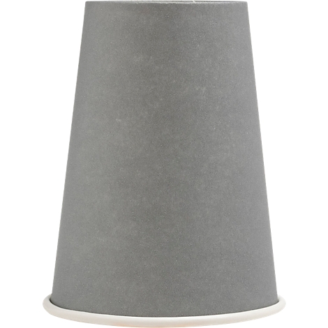 Gobelet en carton gris avec bord blanc. Forme conique.