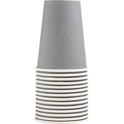 Pile de gobelets en carton gris, la tasse du dessus dépasse.