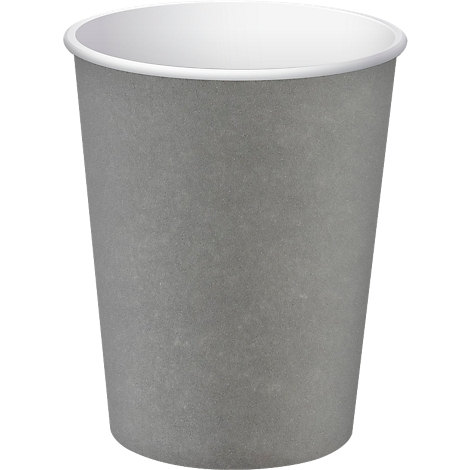 Gobelet en papier gris avec bord et intérieur blancs.