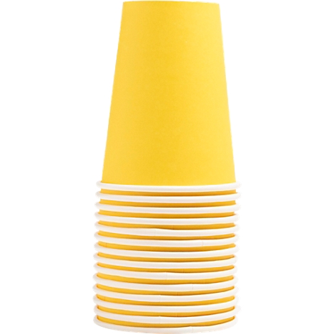 Gobelets en papier jaune, empilés.