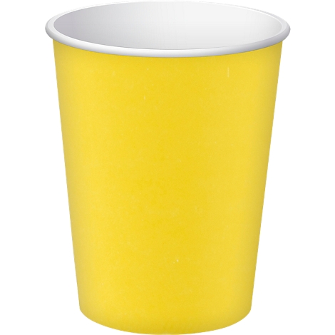 Gobelet en papier jaune, bord blanc, sur fond blanc.