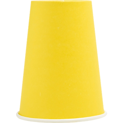 Gobelet en papier jaune, conique, avec bord blanc.