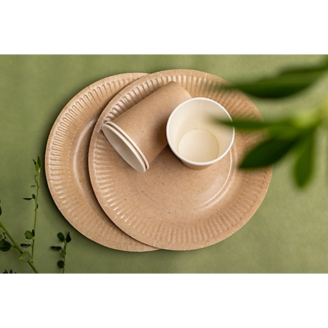 Deux assiettes en carton et un gobelet en carton, sur fond vert, vue de dessus, feuillage légèrement flou à droite.