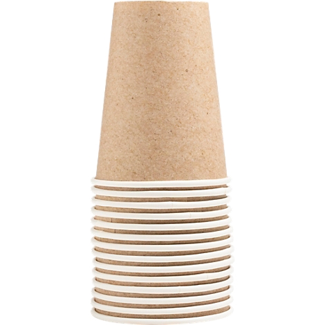 Une pile de gobelets en carton. Le gobelet du dessus est marron, ceux du dessous sont blancs.