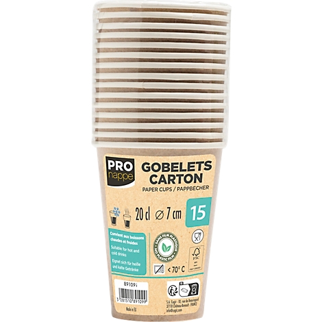 Paquet de gobelets en papier avec l'inscription "GOBELETS CARTON". Imprimé avec des informations sur le produit et des sceaux.
