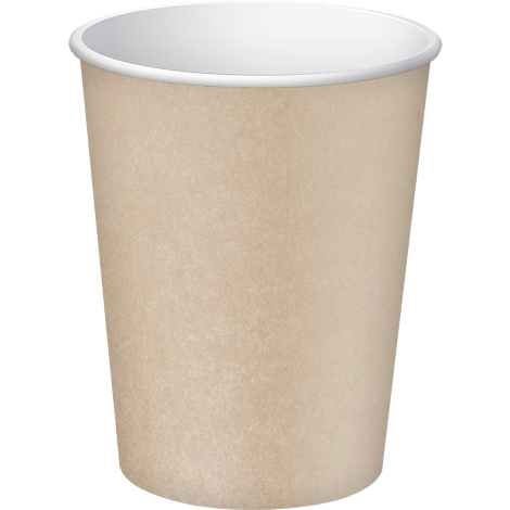 Gobelet en carton beige, intérieur blanc, bord supérieur renforcé.