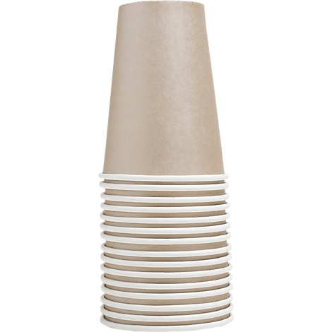 Une pile de gobelets en papier. Le gobelet du dessus est brun clair, le reste blanc.