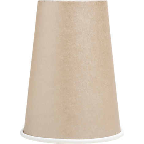 Gobelet en papier brun, bord blanc en bas.