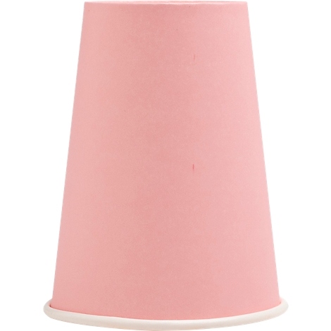 Gobelet en papier rose clair, conique, avec un bord blanc au fond.