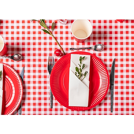Vue de dessus d'une table de pique-nique avec une nappe à carreaux rouges. Sur la table se trouvent des assiettes en carton rouges, des couverts, des serviettes et des gobelets en carton.