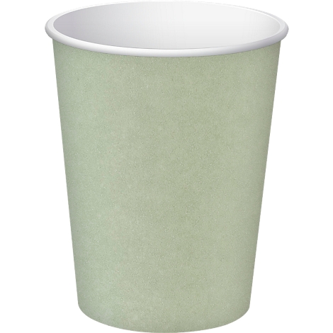 Gobelet en papier vert clair avec un bord blanc. Le gobelet est posé sur un fond blanc.