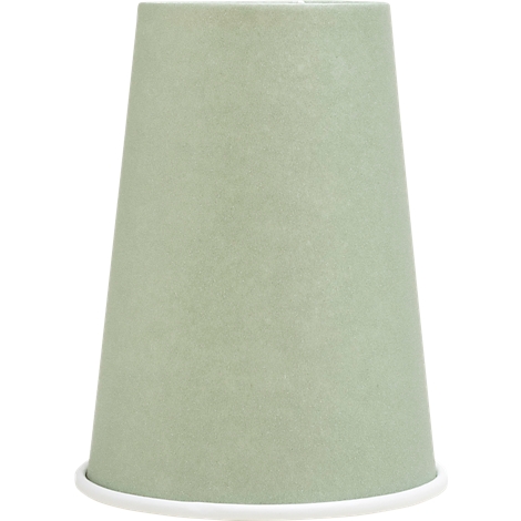 Gobelet en papier vert clair avec un bord blanc. Le gobelet conique repose sur un fond blanc.