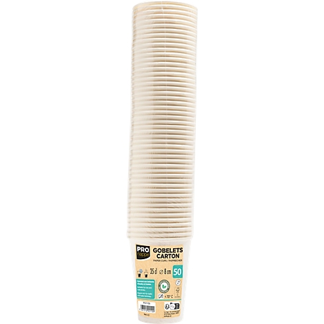 Une tour de gobelets en papier blanc, partiellement ondulés, avec du texte. Inscription : "GOBELETS CARTON" et "50".