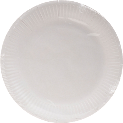 Een ronde, witte papieren bord, verpakt in doorzichtig plastic. De plaat heeft een geribbelde rand.