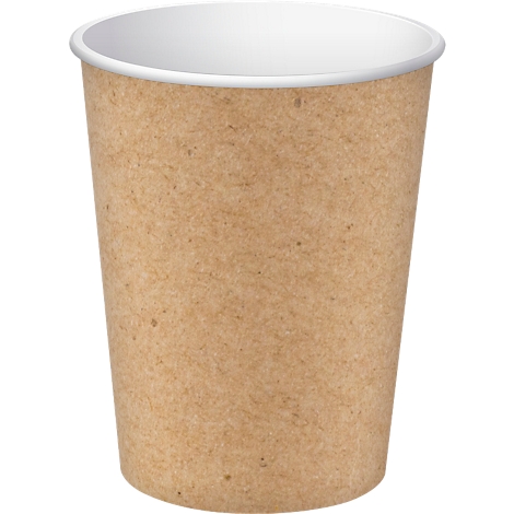 Becher aus braunem Papier, weisser Rand. Der Becher ist von oben nach unten leicht konisch zulaufend.