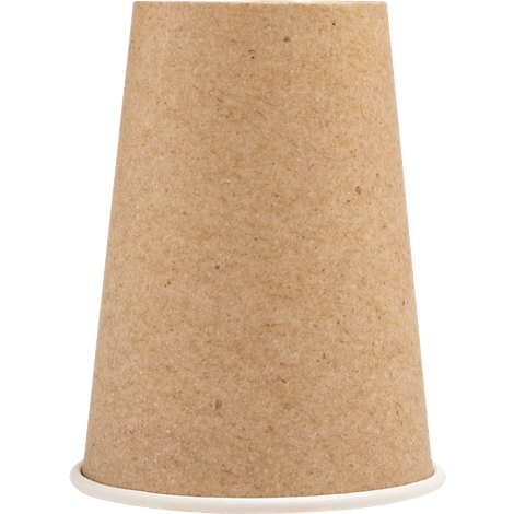 Becher aus braunem Papier, weisser Rand. Kegelförmig.