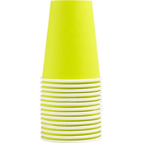 Ein Stapel hellgelber Pappbecher mit weissen Rändern. Der obere Becher steht aufrecht.