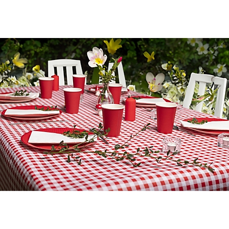 Ein festlich gedeckter Tisch mit rot-weiss karierter Tischdecke, roten Tellern, Bechern, Blumen und Kerzen im Freien.