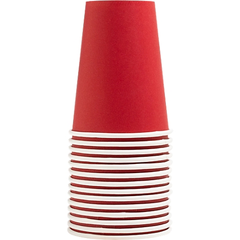 Ein Stapel roter Pappbecher, einige mit weissem Rand. Der obere Becher steht auf dem Stapel.