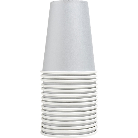 Ein Stapel silberfarbener Pappbecher. Der obere Becher ist nach oben verjüngt.