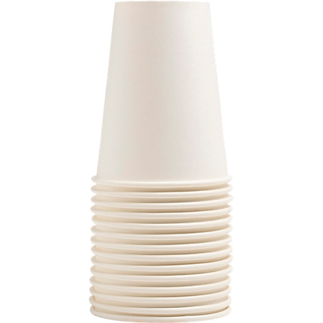 Ein Stapel von hellen Pappbechern. Die Becher sind leicht konisch und stehen aufeinander.