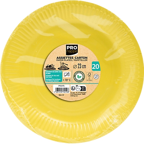 Gelbe Pappteller in Folie verpackt, mit Produktinformationen: PRO nappe, Ø 23 cm, 20 Stück.