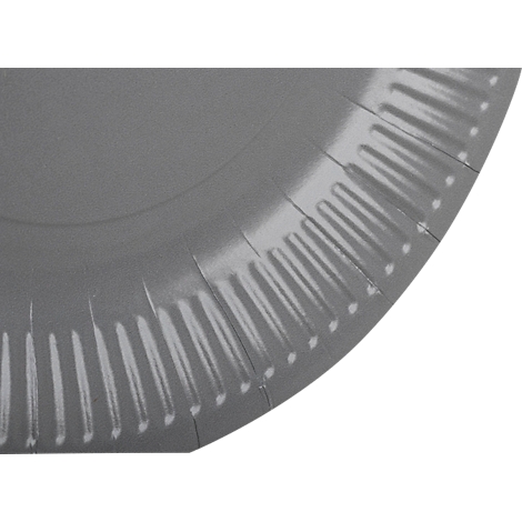 Detailaufnahme eines grauen Papptellers mit geriffeltem Rand.