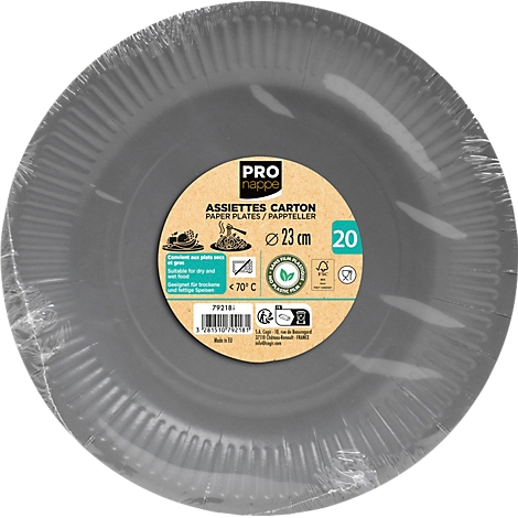 Graue Pappteller, in Folie verpackt. Aufdruck: "Pro Nappe", "Assiettes Carton", Ø 23 cm, 20 Stück.
