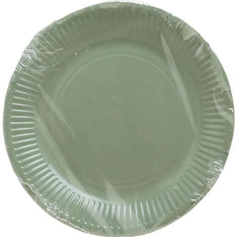 Hellgrüner Pappteller, in Plastikfolie verpackt.