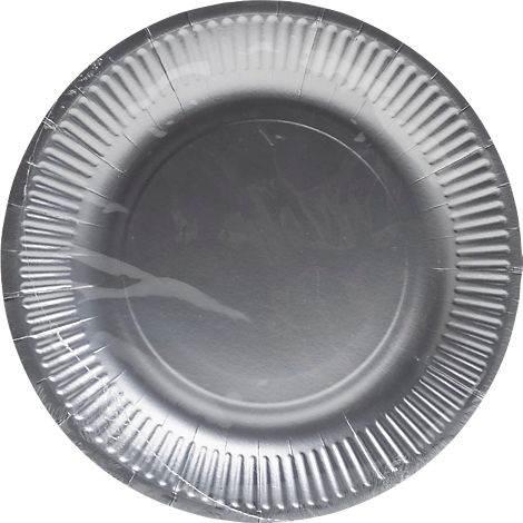 Ein silberner Pappteller, geriffeltem Rand und transparentem Schutz.
