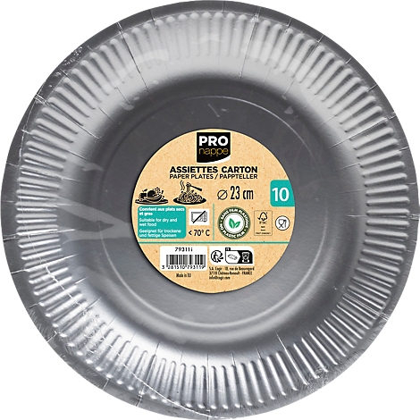 Graue Pappteller, verpackt, mit Produktinformationen: Durchmesser 23 cm, 10 Stück.
